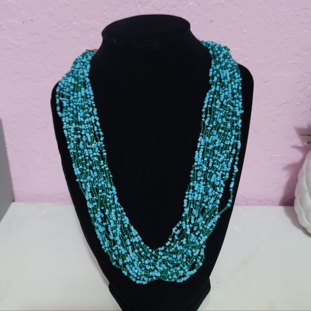 Vintage Boho Gypsy Artsy Blue Beaded Chunky Statement Necklace